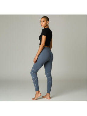 Size L RBX Blue-Grey Full Length Active Gym Leggings Mesh decor sides Pockets